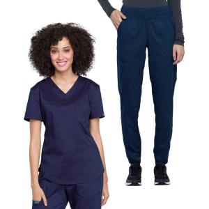 Cherokee Women Scrub Set V-Neck O.R Top WW657 Natural Rise Jogger Scrub Pant with Elasticized Waistband WW011(Navy)