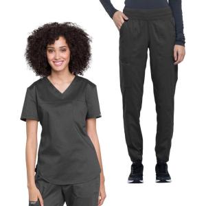 Cherokee Women Scrub Set V-Neck O.R Top WW657 Natural Rise Jogger Scrub Pant with Elasticized Waistband WW011(Pewter)