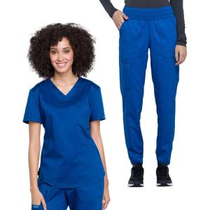 Cherokee Women Scrub Set V-Neck O.R Top WW657 Natural Rise Jogger Scrub Pant with Elasticized Waistband WW011(Royal)