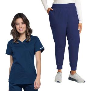 Cherokee Women Scrub Set V-Neck Scrub Top WW601, with Mid Rise Scrub Jogger Pants WW115(Navy)