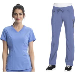 Cherokee Women Scrub Sets Contemporary Fit 3 Pocket Rib Knit Panel Top CK623A 4 Pocket Low Rise, Straight Leg Pant 1123A(Ciel)