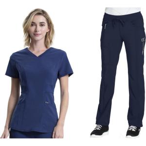 Cherokee Women Scrub Sets Contemporary Fit 3 Pocket Rib Knit Panel Top CK623A 4 Pocket Low Rise, Straight Leg Pant 1123A(Navy)