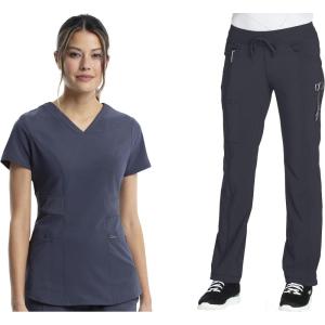 Cherokee Women Scrub Sets Contemporary Fit 3 Pocket Rib Knit Panel Top CK623A 4 Pocket Low Rise, Straight Leg Pant 1123A(Pewter)