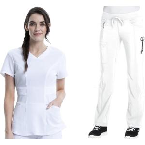 Cherokee Women Scrub Sets Contemporary Fit 3 Pocket Rib Knit Panel Top CK623A 4 Pocket Low Rise, Straight Leg Pant 1123A(White)