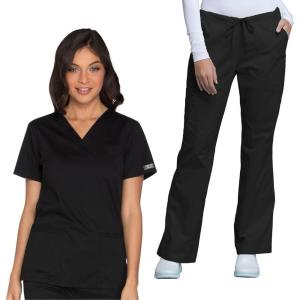 Cherokee Women’s Scrub Set 3 Pockets V-Neck Top WW630 With 4 Pocket Mid Rise Drawstring Cargo Pant 4044(Black)