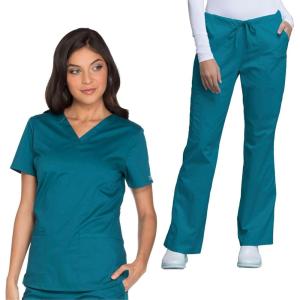Cherokee Women’s Scrub Set 3 Pockets V-Neck Top WW630 With 4 Pocket Mid Rise Drawstring Cargo Pant 4044(Caribbean Blue)