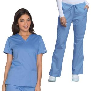 Cherokee Women’s Scrub Set 3 Pockets V-Neck Top WW630 With 4 Pocket Mid Rise Drawstring Cargo Pant 4044(Ciel)