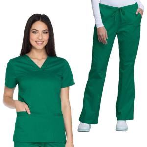 Cherokee Women’s Scrub Set 3 Pockets V-Neck Top WW630 With 4 Pocket Mid Rise Drawstring Cargo Pant 4044(Hunter Green)