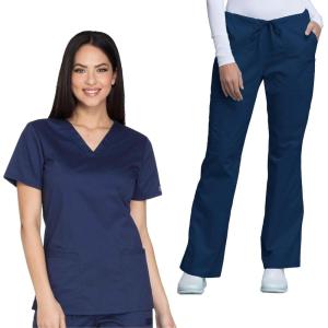 Cherokee Women’s Scrub Set 3 Pockets V-Neck Top WW630 With 4 Pocket Mid Rise Drawstring Cargo Pant 4044(Navy)