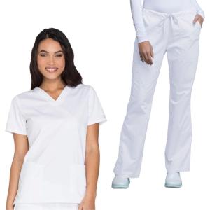 Cherokee Women’s Scrub Set 3 Pockets V-Neck Top WW630 With 4 Pocket Mid Rise Drawstring Cargo Pant 4044(White)