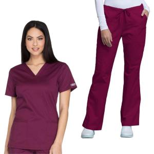 Cherokee Women’s Scrub Set 3 Pockets V-Neck Top WW630 With 4 Pocket Mid Rise Drawstring Cargo Pant 4044(Wine)