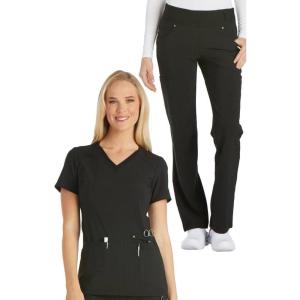 Cherokee Women’s Scrub Set Contemporary Fit, Mid Rise, 6 Pocket Straight Leg Pant CK002 and 4 Pocket V-Neck Top CK605(Black)