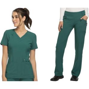 Cherokee Women’s Scrub Set Contemporary Fit, Mid Rise, 6 Pocket Straight Leg Pant CK002 and 4 Pocket V-Neck Top CK605(Hunter Green)