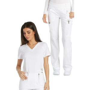 Cherokee Women’s Scrub Set Contemporary Fit, Mid Rise, 6 Pocket Straight Leg Pant CK002 and 4 Pocket V-Neck Top CK605(White)