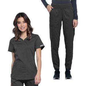 Cherokee Women’s Scrub Set, Modern Classic Fit V-Neck Scrub Top WW601 with Natural Rise Jogger & Elasticized Waistband WW011(Pewter)