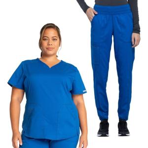 Cherokee Women’s Scrub Set, Modern Classic Fit V-Neck Scrub Top WW601 with Natural Rise Jogger & Elasticized Waistband WW011(Royal)