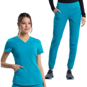 Cherokee Women’s Scrub Set, Modern Classic Fit V-Neck Scrub Top WW601 with Natural Rise Jogger & Elasticized Waistband WW011(Teal Blue)