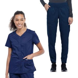 Cherokee Women’s Scrub Set Snap Front V-Neck Top WW622 Natural Rise Scrub Jogger Pants WW011 With 9 Pockets(Navy)