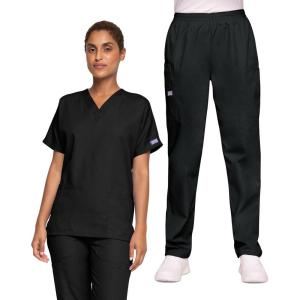 Cherokee Women’s Scrub Set V-Neck Dolman Sleeve Top & Pull-On Cargo Pant with Elastic Waist & Fade Resistant Fabric -CK00043C(Black)