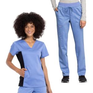 Cherokee Women’s Scrub Set V-Neck Knit Panel Scrub Top WW2875 Mid Rise Tapered Leg Drawstring Scrub Pant WW105(Ciel)