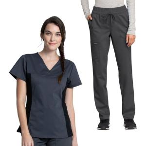 Cherokee Women’s Scrub Set V-Neck Knit Panel Scrub Top WW2875 Mid Rise Tapered Leg Drawstring Scrub Pant WW105(Pewter)