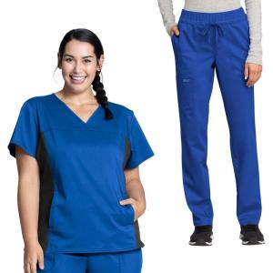 Cherokee Women’s Scrub Set V-Neck Knit Panel Scrub Top WW2875 Mid Rise Tapered Leg Drawstring Scrub Pant WW105(Royal)