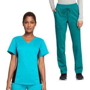 Cherokee Women’s Scrub Set V-Neck Knit Panel Scrub Top WW2875 Mid Rise Tapered Leg Drawstring Scrub Pant WW105(Teal Blue)