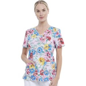 Cherokee Prints Women Scrubs Top Mock Wrap CK614(Watercolor Blossoms)