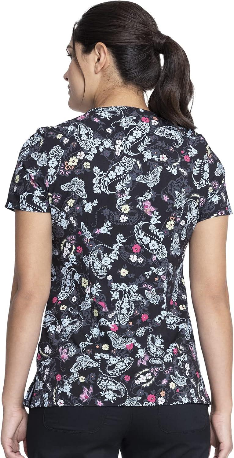 imageCherokee Scrubs for Women VNeck Printed Top Modern Classic Fit with 3 Pockets Knit Details amp Side Vents CK678Flutter Blooms