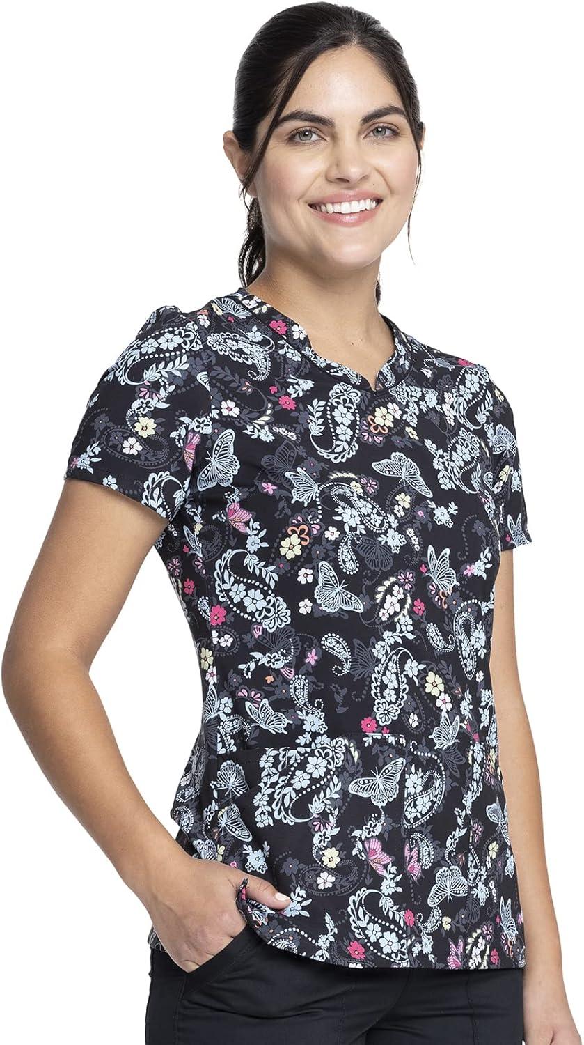 imageCherokee Scrubs for Women VNeck Printed Top Modern Classic Fit with 3 Pockets Knit Details amp Side Vents CK678Flutter Blooms