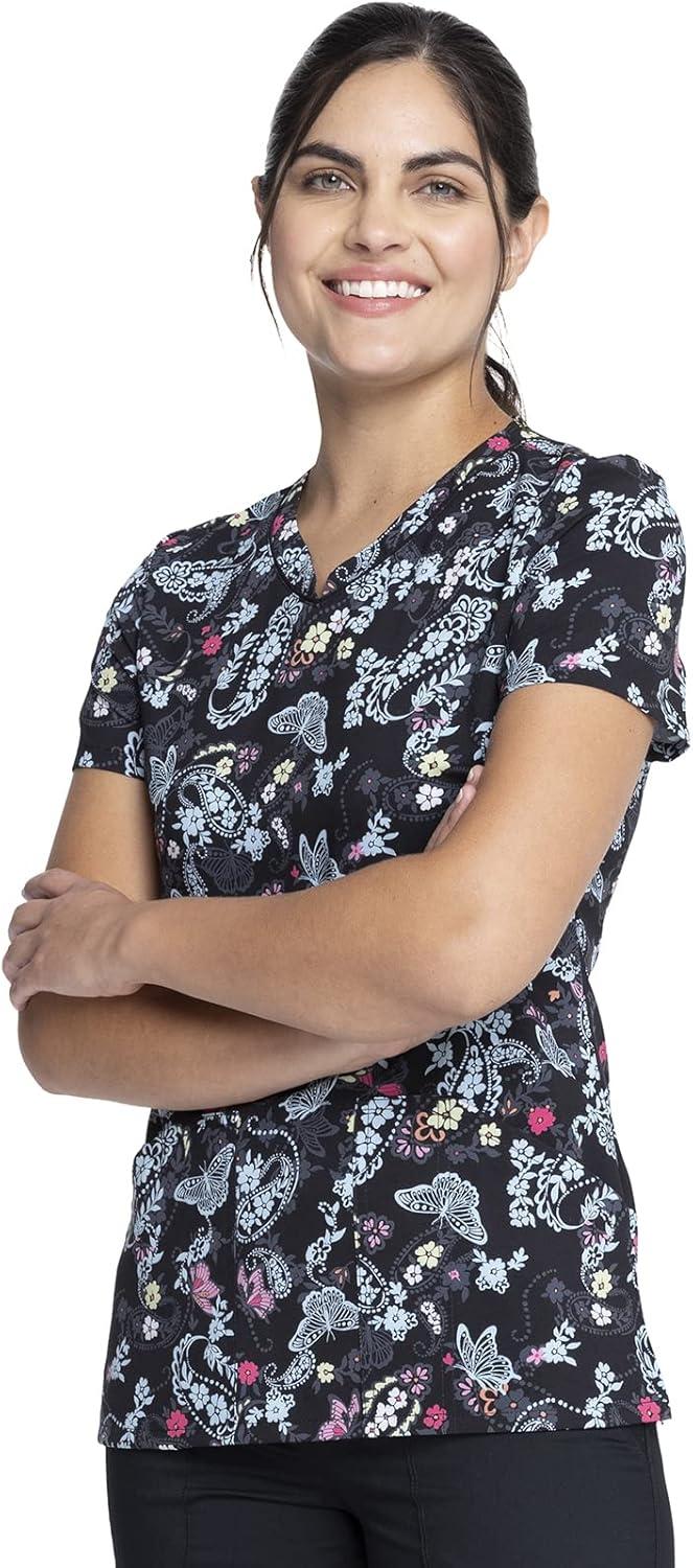 imageCherokee Scrubs for Women VNeck Printed Top Modern Classic Fit with 3 Pockets Knit Details amp Side Vents CK678Flutter Blooms