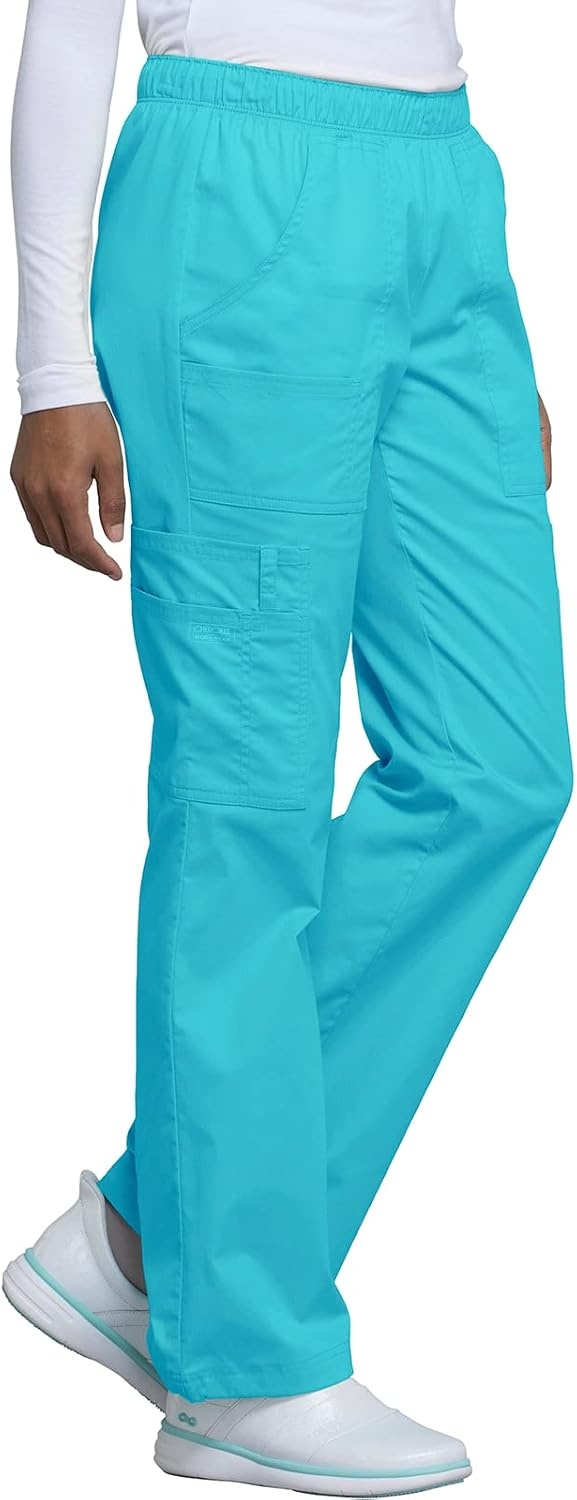 image:imageCherokee Scrub Pants for Women Mid Rise PullOn Cargo Medical Uniform 7 Pocket Elastic Waist Adjustable Hem Stretch 4005Turquoise
