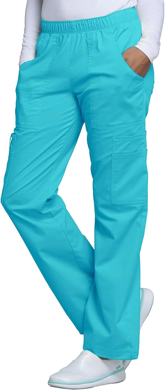 image:imageCherokee Scrub Pants for Women Mid Rise PullOn Cargo Medical Uniform 7 Pocket Elastic Waist Adjustable Hem Stretch 4005Turquoise