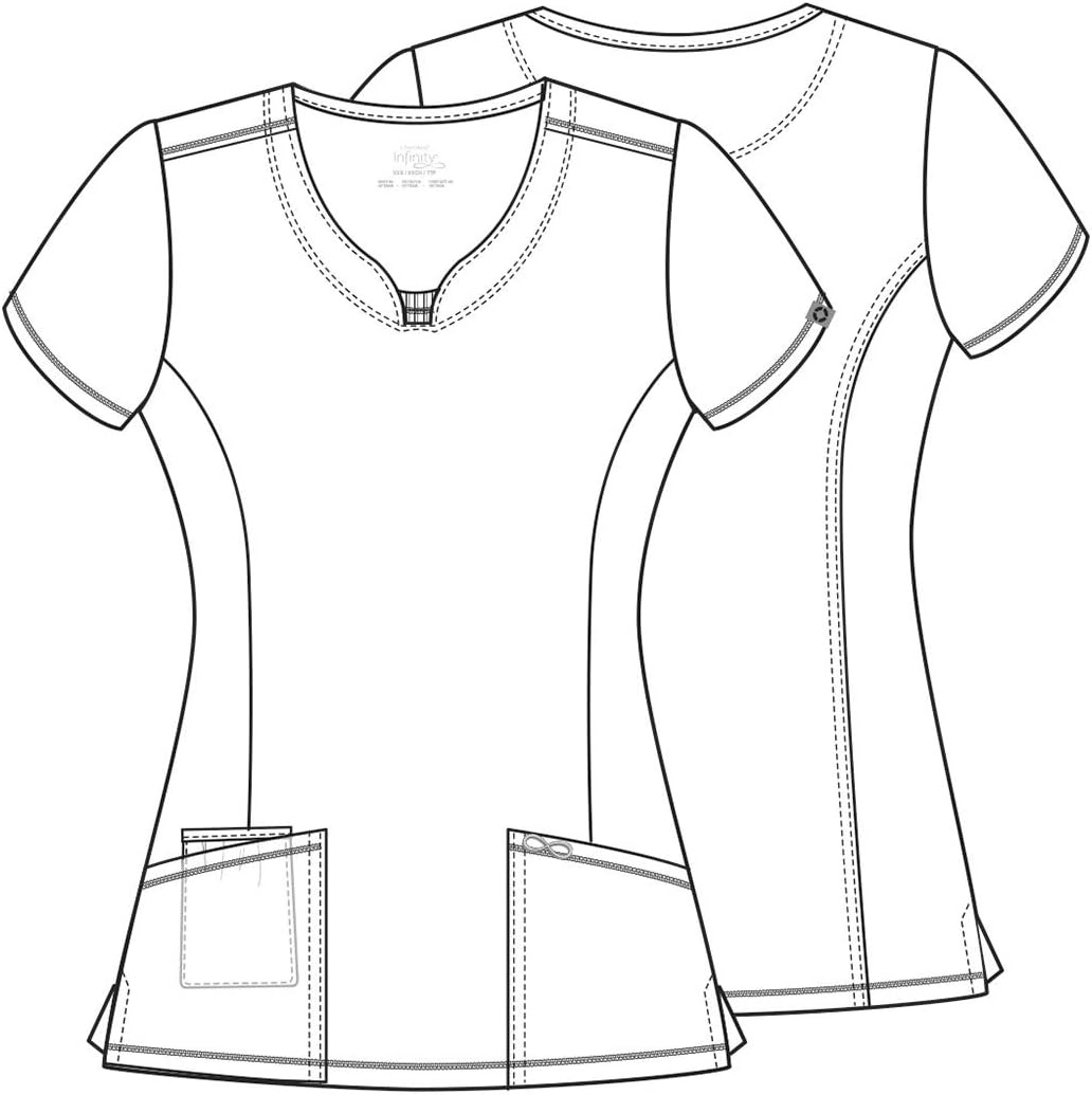 image:imageCherokee Infinity Printed Scrub Tops for Women Round Neck 3 Pockets Comfortable Fit Stretch Fabric Coverstitch Detailing Rib Knit Neckline Inset Princess Seams Side Vents Easy CareTropic Texture