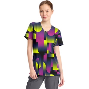 Cherokee Infinity Printed Scrub Tops for Women Round Neck 3 Pockets | Comfortable Fit, Stretch Fabric, Coverstitch Detailing, Rib Knit Neckline Inset, Princess Seams, Side Vents, Easy Care(Portal)