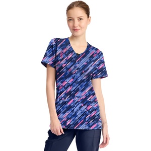 Cherokee Infinity Printed Scrub Tops for Women Round Neck 3 Pockets | Comfortable Fit, Stretch Fabric, Coverstitch Detailing, Rib Knit Neckline Inset, Princess Seams, Side Vents, Easy Care(Staggered Marble)