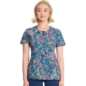 Cherokee Infinity Printed Scrub Tops for Women Round Neck 3 Pockets | Comfortable Fit, Stretch Fabric, Coverstitch Detailing, Rib Knit Neckline Inset, Princess Seams, Side Vents, Easy Care(Colorful Distress)