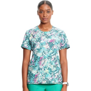 Cherokee Infinity Printed Scrub Tops for Women Round Neck 3 Pockets | Comfortable Fit, Stretch Fabric, Coverstitch Detailing, Rib Knit Neckline Inset, Princess Seams, Side Vents, Easy Care(Tropic Texture)