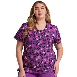 Cherokee Infinity Printed Scrub Tops for Women Round Neck 3 Pockets | Comfortable Fit, Stretch Fabric, Coverstitch Detailing, Rib Knit Neckline Inset, Princess Seams, Side Vents, Easy Care(Leopard Vibes)