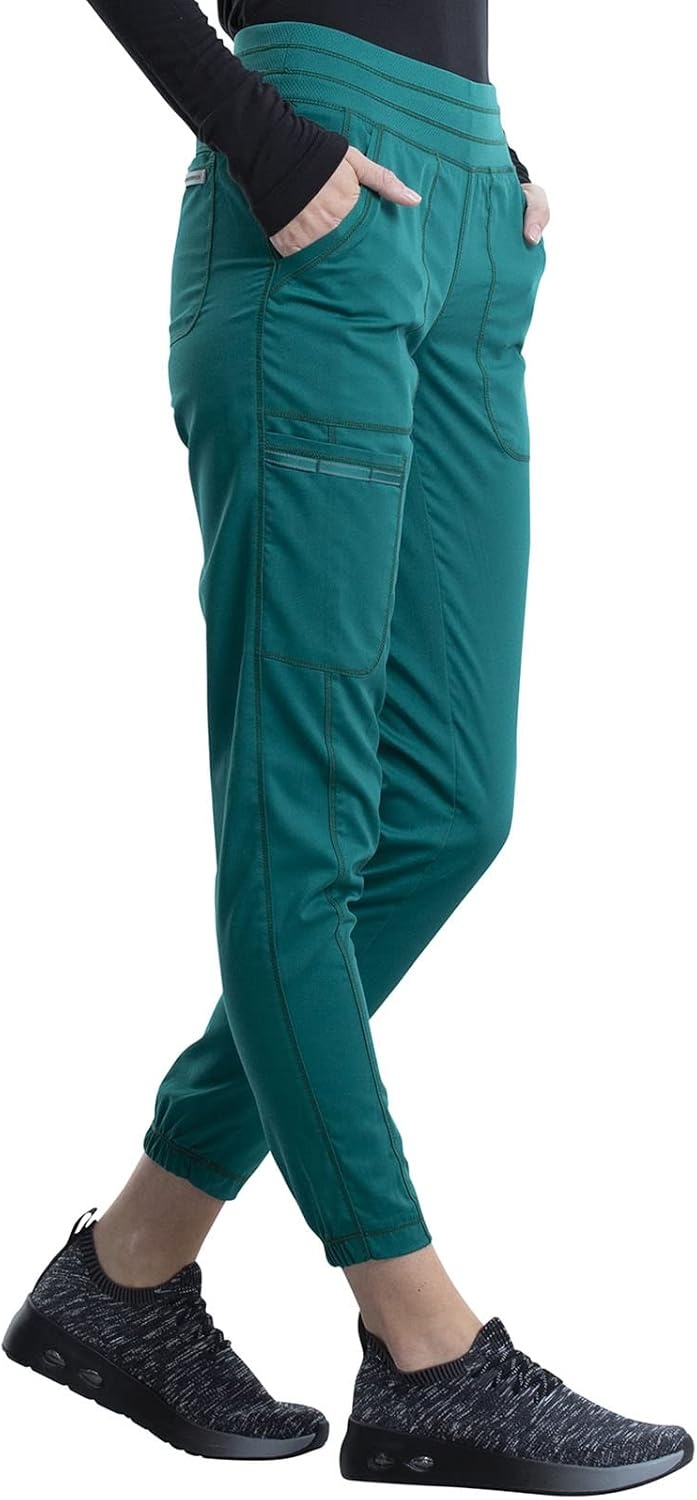 image:imageCherokee Revolution Scrub Pants for Women Jogger with Elastic Waist 5 Pockets Natural Rise Blended Fabric Twill Soft 2Way Stretch Mesh Waistband for Active ShiftsHunter Green