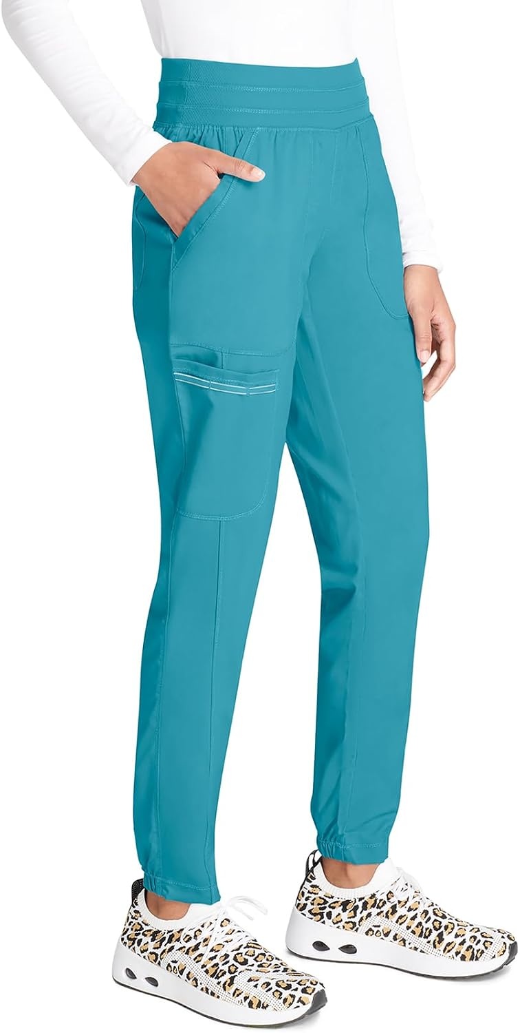 image:imageCherokee Revolution Scrub Pants for Women Jogger with Elastic Waist 5 Pockets Natural Rise Blended Fabric Twill Soft 2Way Stretch Mesh Waistband for Active ShiftsSoft Marine