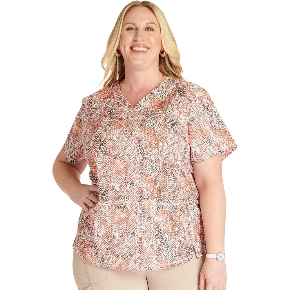 image:imageCherokee Genuine Printed Scrubs for Women VNeck Top 3 Pockets Recycled Polyester Blend Modern Classic Fit Shaping Darts Side Vents Pediatric Clinic ShiftsPython Perfection