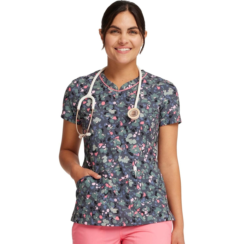 image:imageCherokee Genuine Printed Scrubs for Women VNeck Top 3 Pockets Recycled Polyester Blend Modern Classic Fit Shaping Darts Side Vents Pediatric Clinic ShiftsWhat the Speck