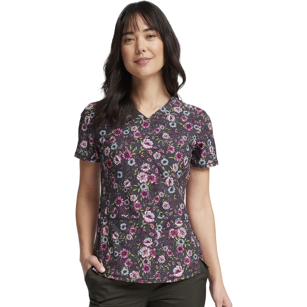 image:imageCherokee Genuine Printed Scrubs for Women VNeck Top 3 Pockets Recycled Polyester Blend Modern Classic Fit Shaping Darts Side Vents Pediatric Clinic ShiftsRomantic Garden