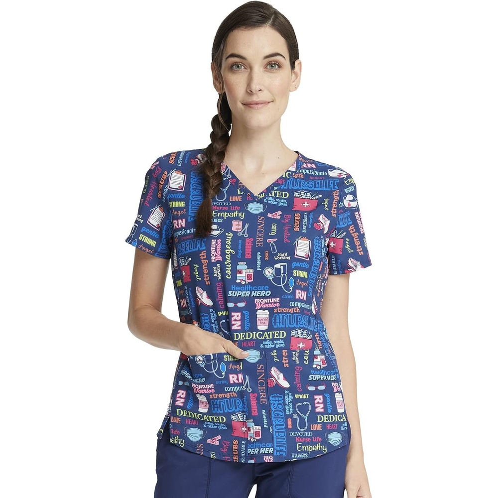 image:imageCherokee Genuine Printed Scrubs for Women VNeck Top 3 Pockets Recycled Polyester Blend Modern Classic Fit Shaping Darts Side Vents Pediatric Clinic ShiftsScrub Life