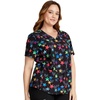 Cherokee Genuine Printed Scrubs for Women V-Neck Top 3 Pockets | Recycled Polyester Blend, Modern Classic Fit, Shaping Darts, Side Vents, Pediatric Clinic Shifts(Loving Stars)