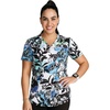Cherokee Genuine Printed Scrubs for Women V-Neck Top 3 Pockets | Recycled Polyester Blend, Modern Classic Fit, Shaping Darts, Side Vents, Pediatric Clinic Shifts(Brushy Botanical)