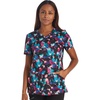 Cherokee Genuine Printed Scrubs for Women V-Neck Top 3 Pockets | Recycled Polyester Blend, Modern Classic Fit, Shaping Darts, Side Vents, Pediatric Clinic Shifts(Brushing Blooms)