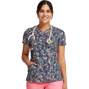 Cherokee Genuine Printed Scrubs for Women V-Neck Top 3 Pockets | Recycled Polyester Blend, Modern Classic Fit, Shaping Darts, Side Vents, Pediatric Clinic Shifts(What the Speck?)