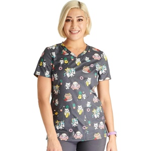 Cherokee Genuine Printed Scrubs for Women V-Neck Top 3 Pockets | Recycled Polyester Blend, Modern Classic Fit, Shaping Darts, Side Vents, Pediatric Clinic Shifts(Feline Friendly)
